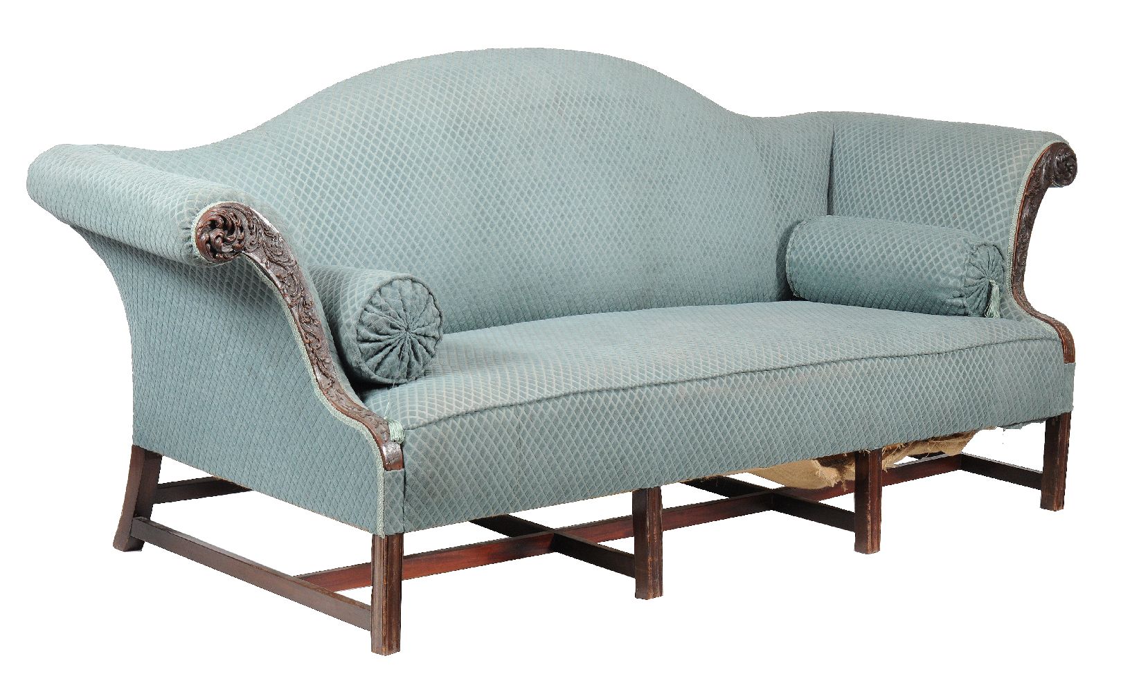 A mahogany and upholstered sofa, circa 1780 and later, the yoke shaped back above a pair of scroll - Image 2 of 3