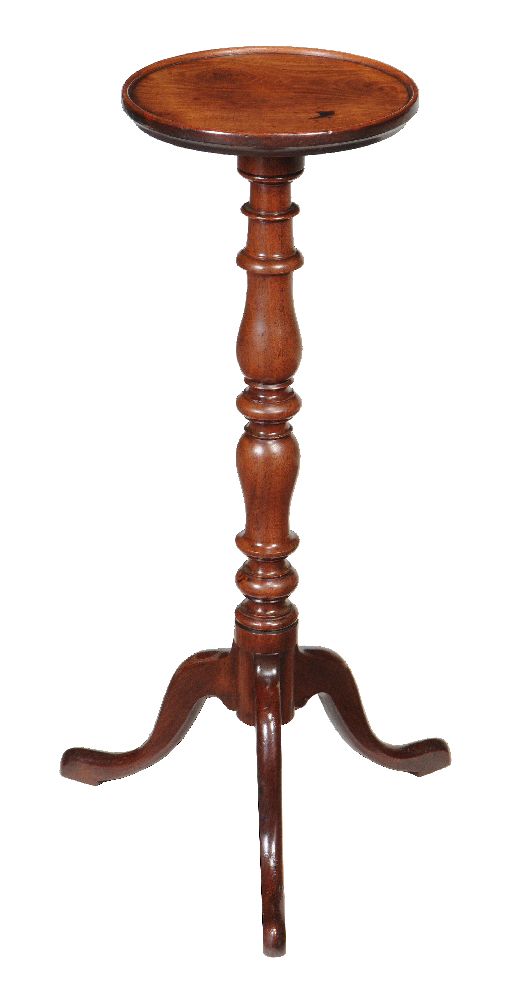 A George III mahogany candle stand, late 18th century, the circular dished top above the turned
