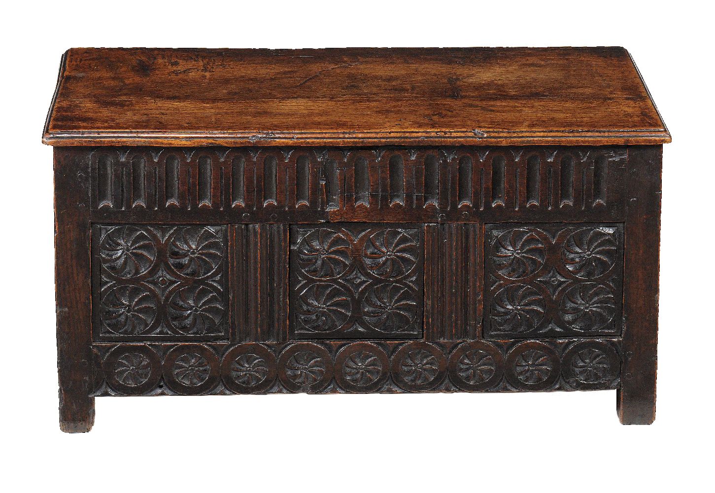 A Charles II panelled oak chest, circa 1660, of small proportions, the hinged lid above the fluted - Image 2 of 4