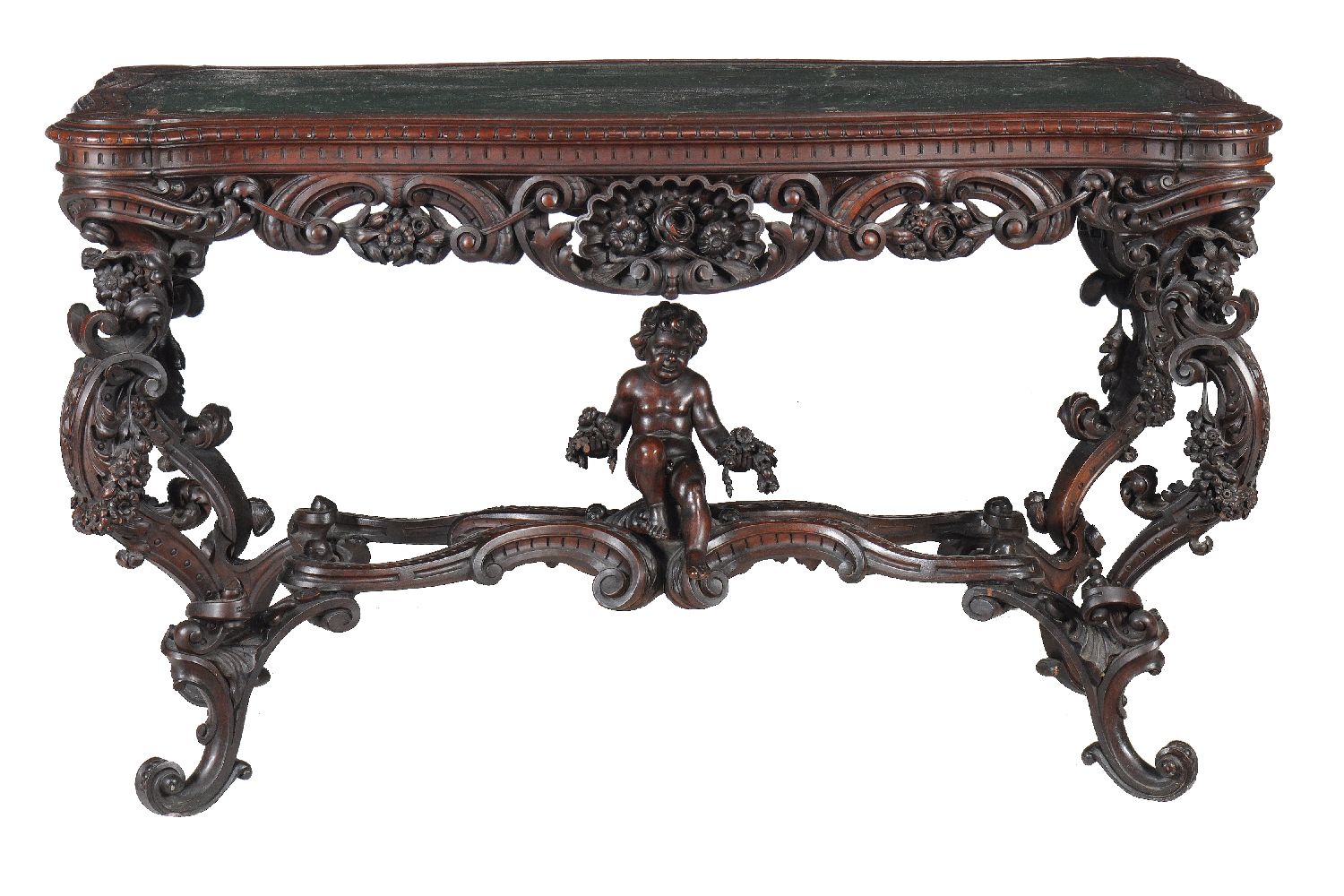 An Italian carved walnut library or centre table, circa 1870, the cartouche shaped top with