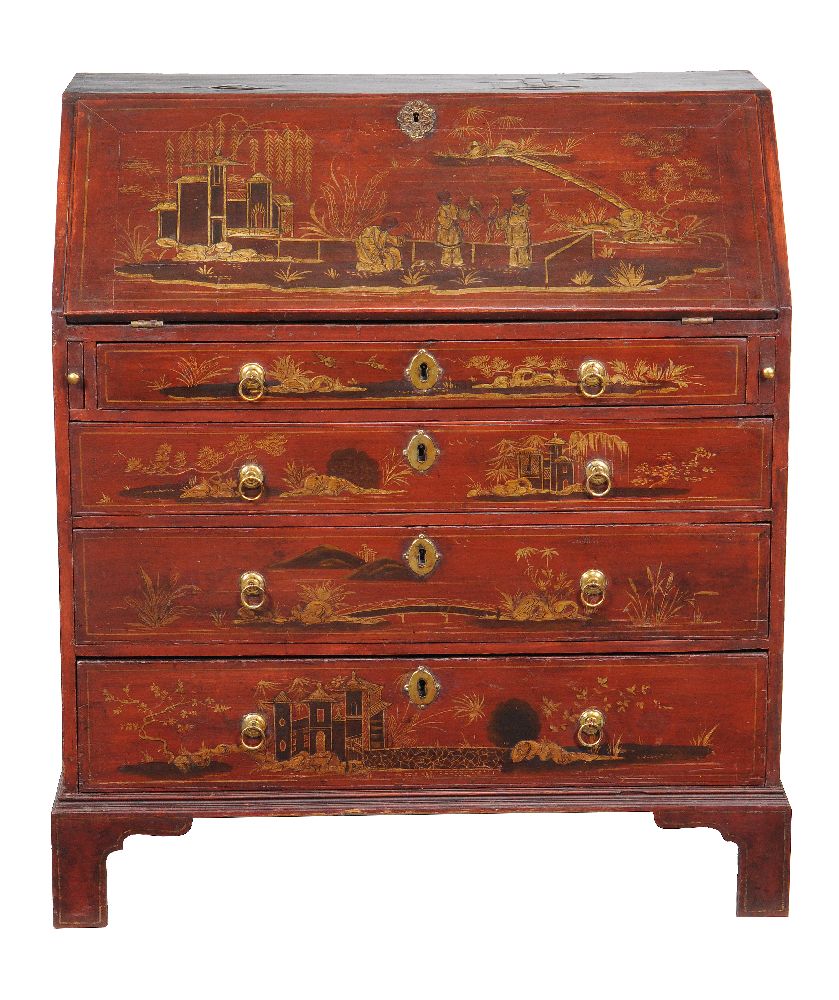 A George II red lacquer and gilt Chinoiserie decorated bureau, circa 1740 the decoration depicting