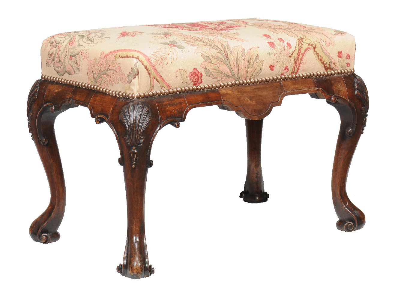 A George II walnut and upholstered stool, circa 1750, the rectangular padded top above shaped apron,