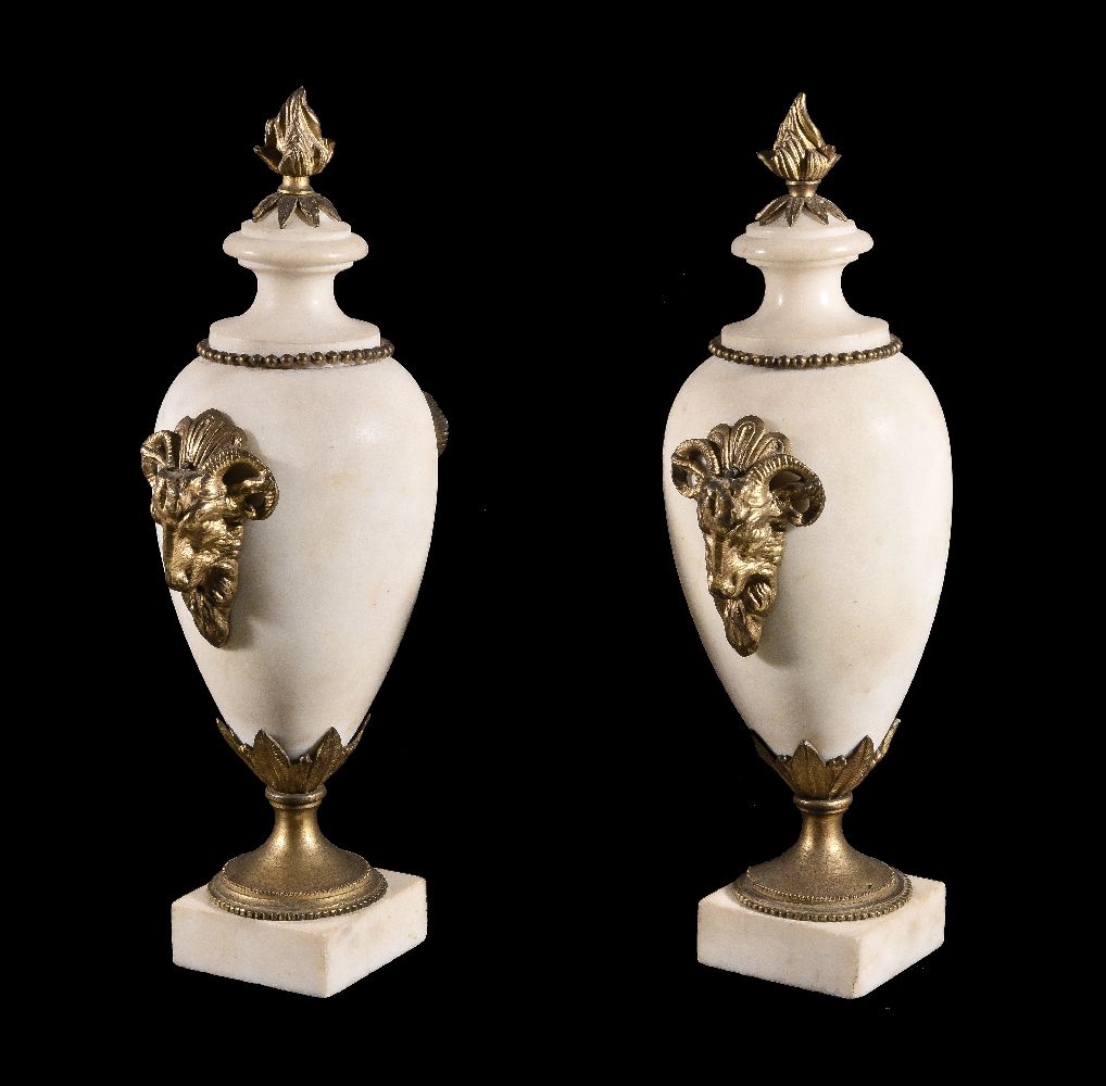 A pair of French white marble and gilt bronze mounted urns in Neoclassical style, circa 1875, with - Image 2 of 3