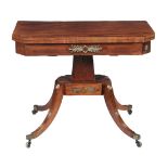 A Regency mahogany card table, circa 1815, the canted top opening to baize playing surface and
