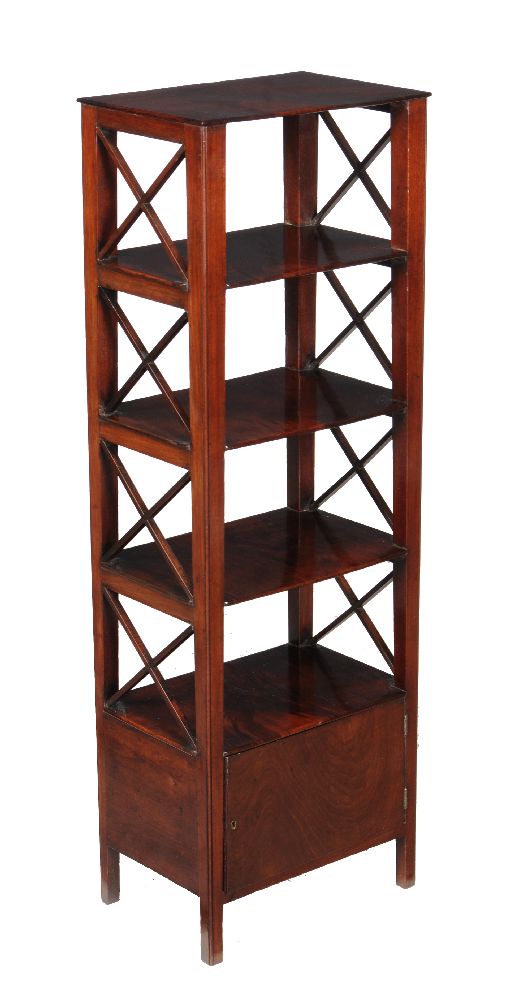 A George IV mahogany five tier etagere, circa 1825, each solid figured mahogany tier flanked by