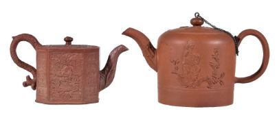 A Thomas Whieldon octagonal section red stoneware teapot and cover, circa 1755, press-moulded with