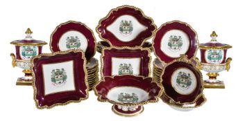 A Worcester (Flight, Barr & Barr) claret-ground armorial part dessert service, circa 1830, decorated