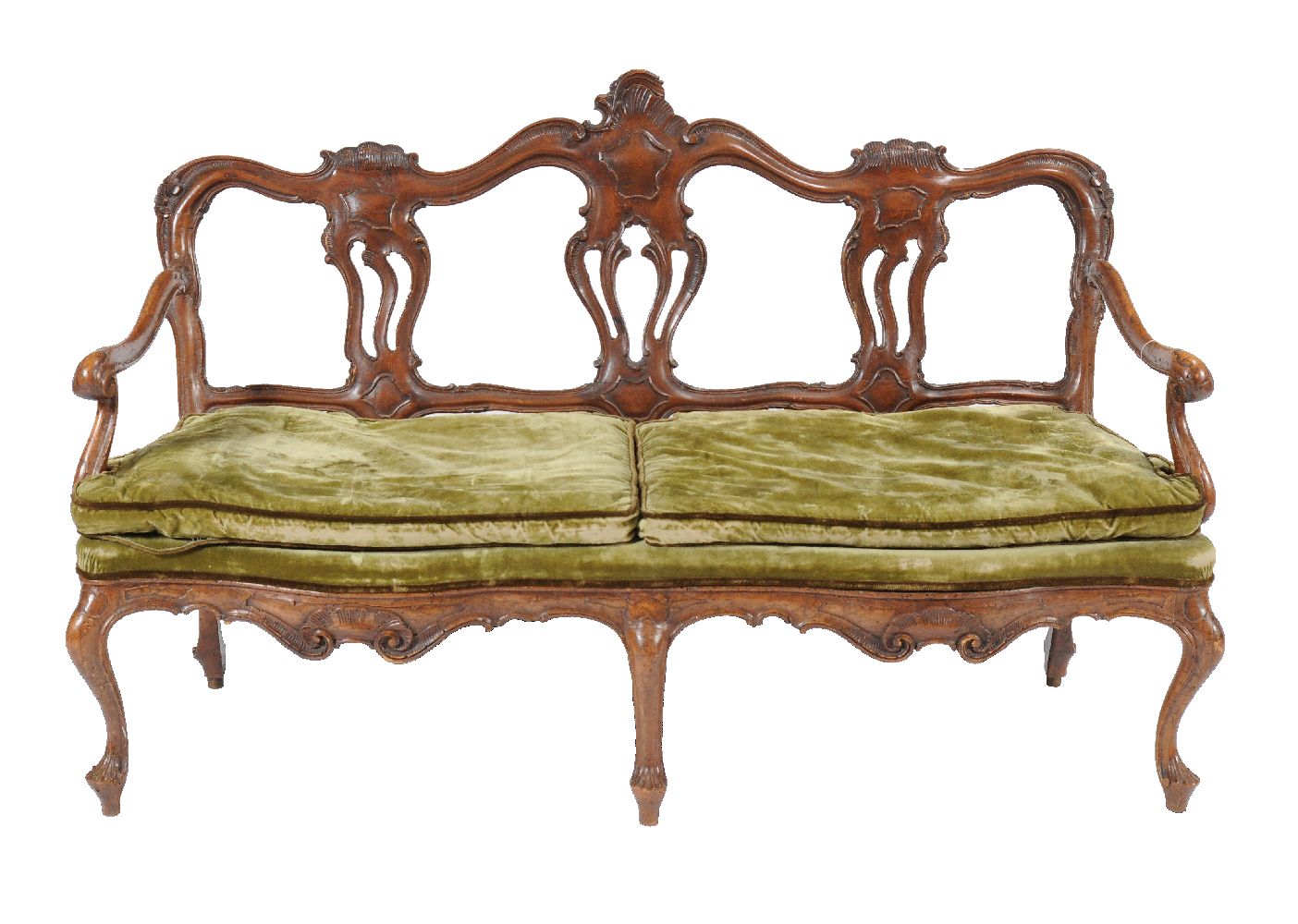 An Italian carved walnut chair back settee, mid 18th century, the carved and moulded back