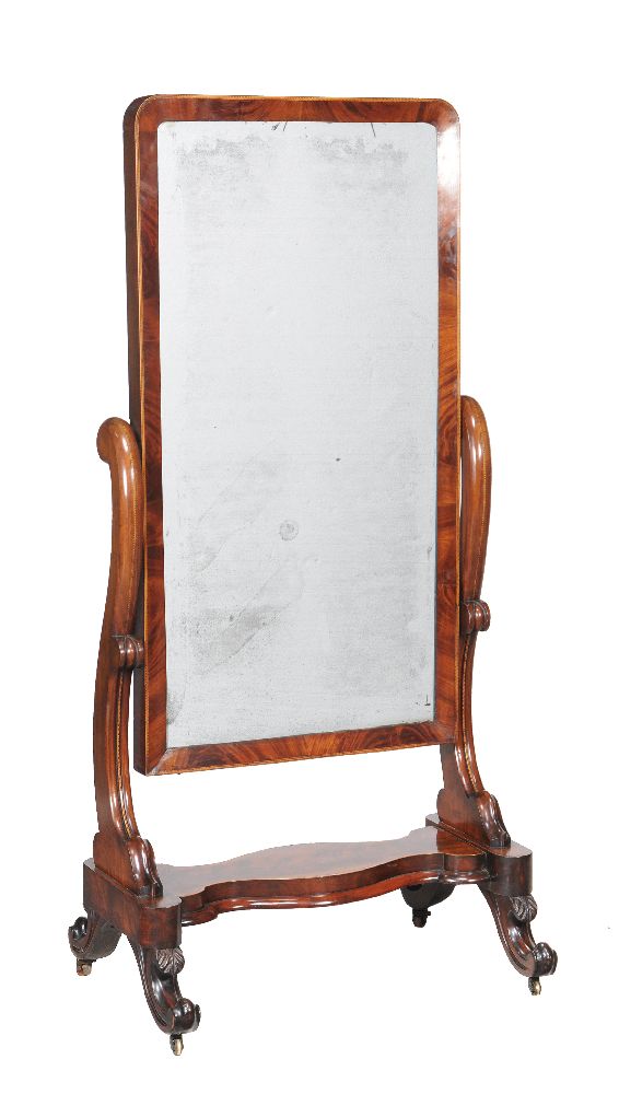 A William IV mahogany and chequer strung cheval mirror, circa 1835, the rectangular mercury plate