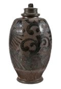 A German pewter mounted brown saltglaze stoneware flask, 17th/early 18th century, possibly Muskau (