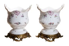 A pair of Meissen gilt-metal mounted two-handled bottle coolers, the porcelain mid 18th century,