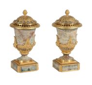 A pair of ormolu and green fluorspar perfume vases and covers, 19th century, in the manner of