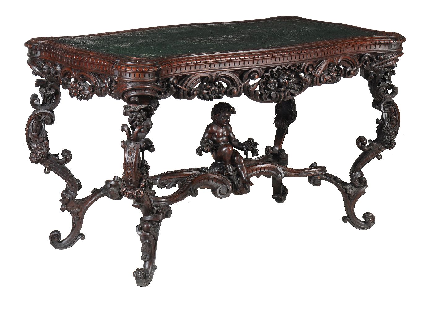 An Italian carved walnut library or centre table, circa 1870, the cartouche shaped top with - Image 2 of 9