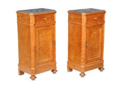 A pair of Continental bird's eye maple and variegated grey marble mounted bedside cupboards, circa