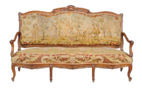 A Continental walnut framed and tapestry upholstered suite of seat furniture, in 18th century style,
