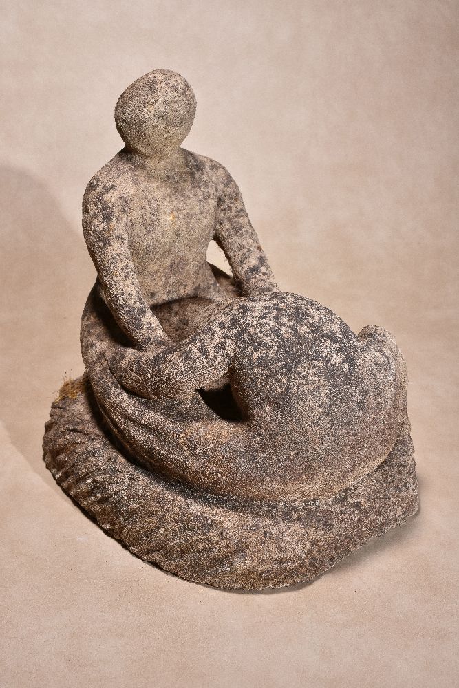 Manner of Henry Spencer Moore, (1898 ~ 1986), a sculpted limestone figural group, with integrally - Image 2 of 3