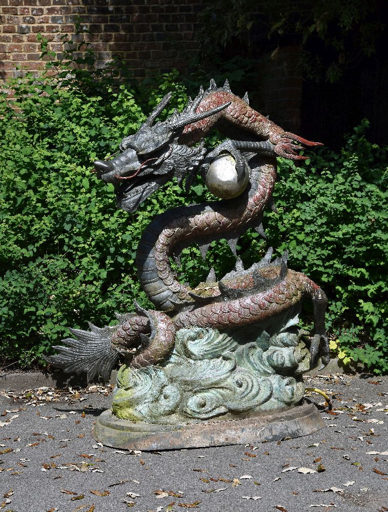 A part-painted bronze alloy model of a dragon in Chinese style, late 20th century, the beast