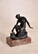 A patinated bronze model of a maiden with a spinning top, possibly later 18th century, portrayed