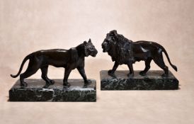 Manner of Antoine-Louis Barye, (French 1795 ~ 1875), a pair of Continental patinated bronze models