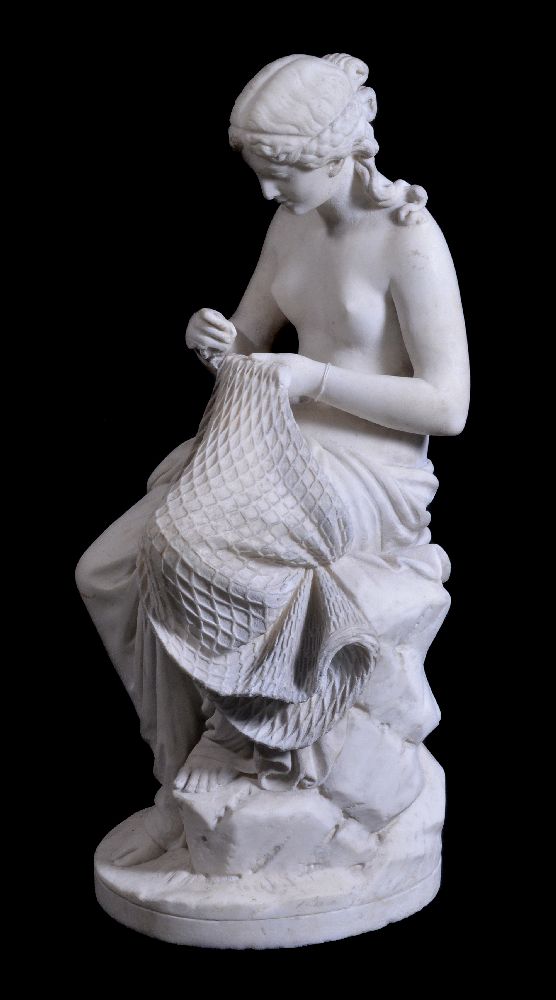 An Italian sculpted white marble model of a fisher maid, circa 1885, portrayed nude and seated on - Image 2 of 3