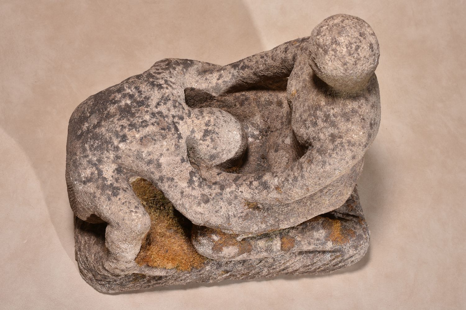 Manner of Henry Spencer Moore, (1898 ~ 1986), a sculpted limestone figural group, with integrally - Image 3 of 3