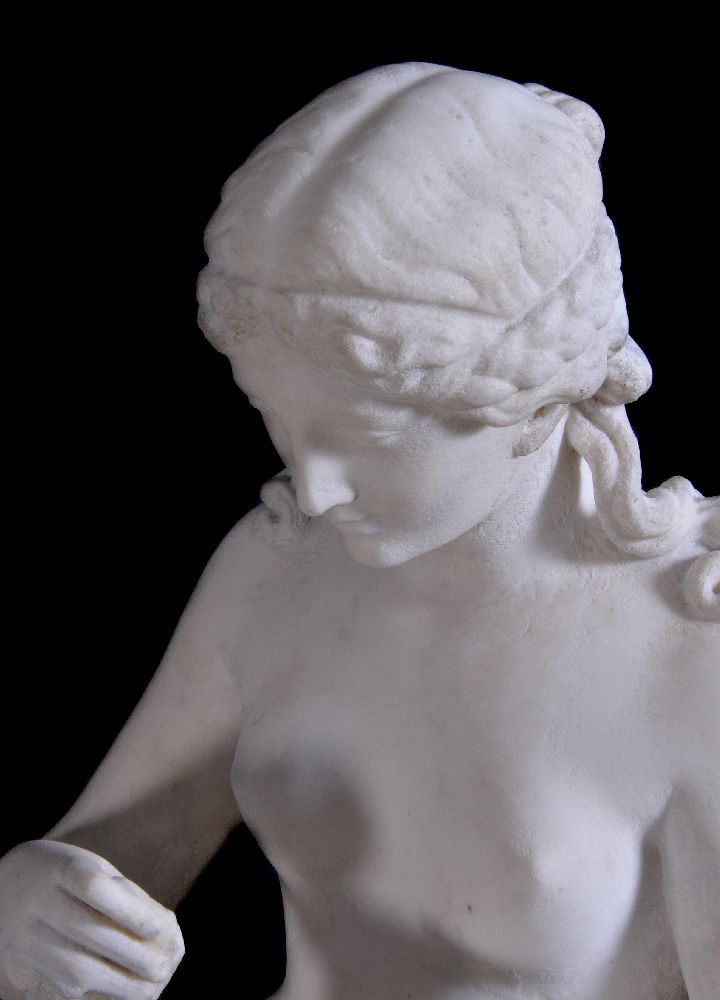 An Italian sculpted white marble model of a fisher maid, circa 1885, portrayed nude and seated on - Image 3 of 3