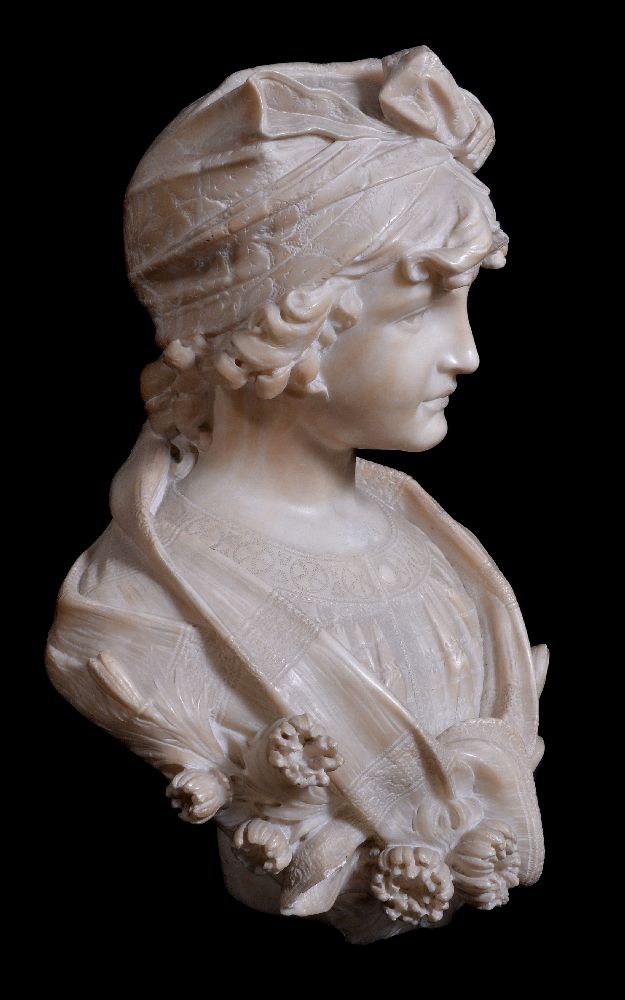 Eugenio Battiglia, (Florentine, fl. late 19th century), a sculpted alabaster bust of a maiden, her - Image 2 of 3