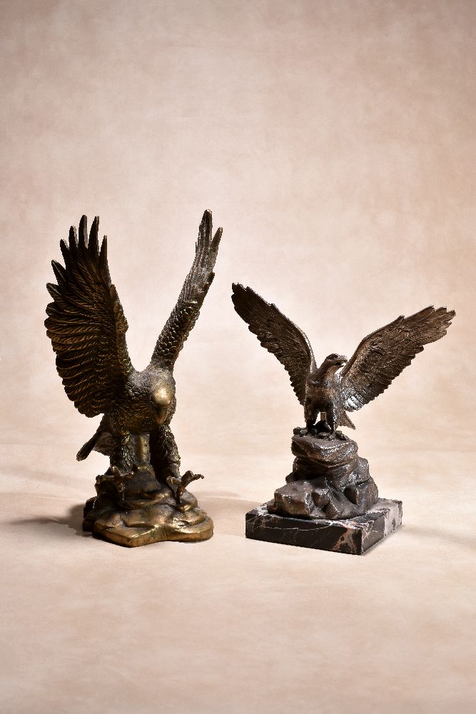 A Continental silvered bronze and marble mounted model of an eagle, circa 1925, portrayed standing