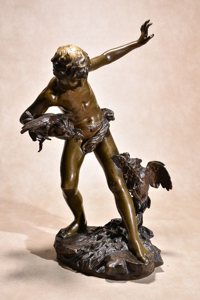 Paul Romain Chèvre, (French 1867 ~ 1914), Combat de Coqs, a patinated bronze group of a boy with two