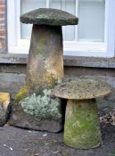 A substantial rough hewn red sandstone staddle stone, probably 18th century, the tapering circular