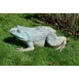 A verdigris patinated bronze alloy model of a frog, second half 20th century, naturalistically cast,