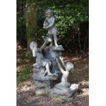 A bronze alloy figural garden fountain, last quarter 20th century, modelled with three children on