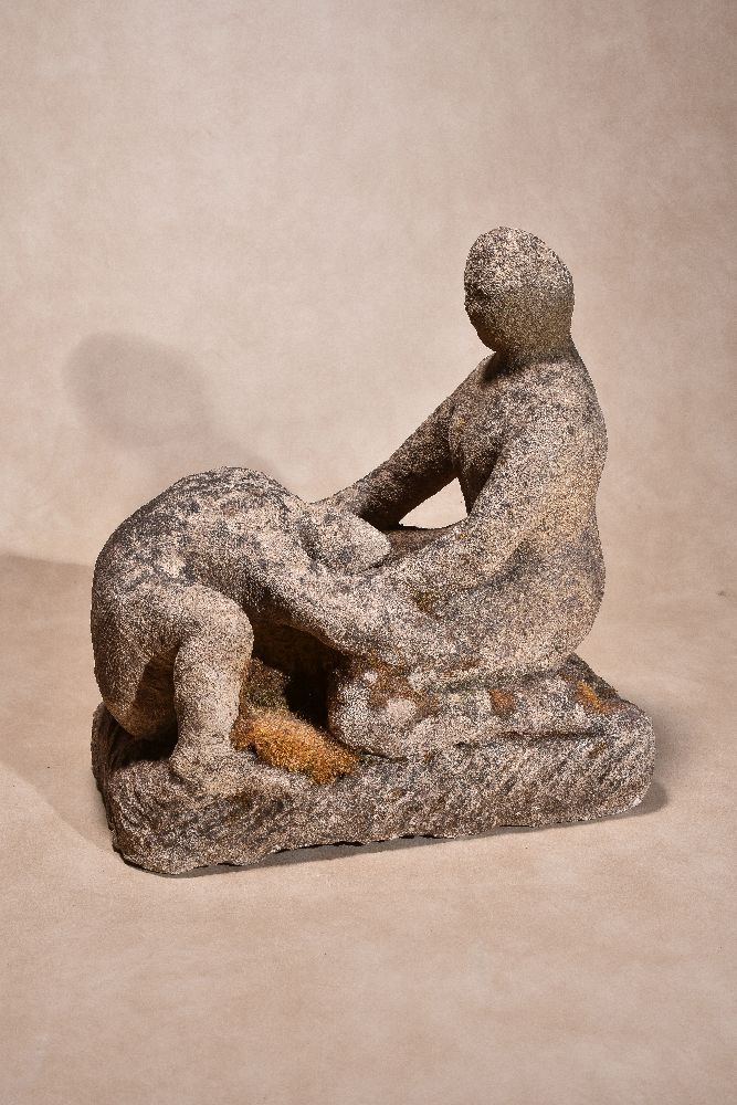 Manner of Henry Spencer Moore, (1898 ~ 1986), a sculpted limestone figural group, with integrally