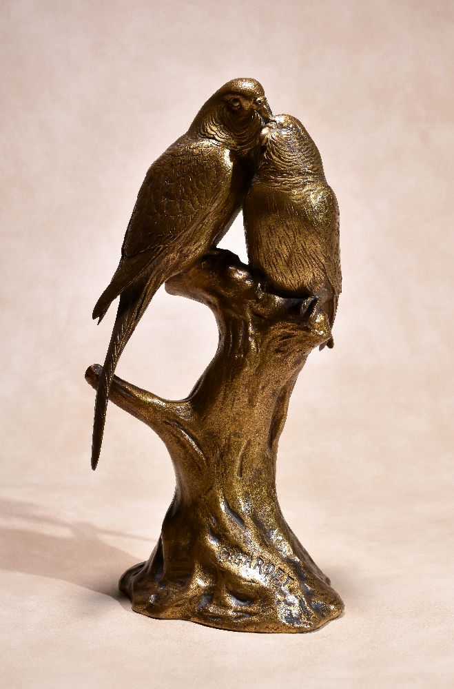 Georges Gardet, (French 1863 ~ 1939), Deux Perruches Inseparables, a gilt bronze group, Two