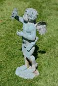 A verdigris patinated bronze alloy garden fountain modelled as Cupid, 20th century, portrayed