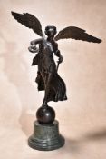 An Italian patinated bronze and marble mounted Grand Tour model of Nike, the winged Victory,