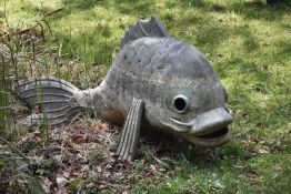 A bronze alloy lake model of a stylised carp, last quarter 20th century, naturalistically cast, 76cm