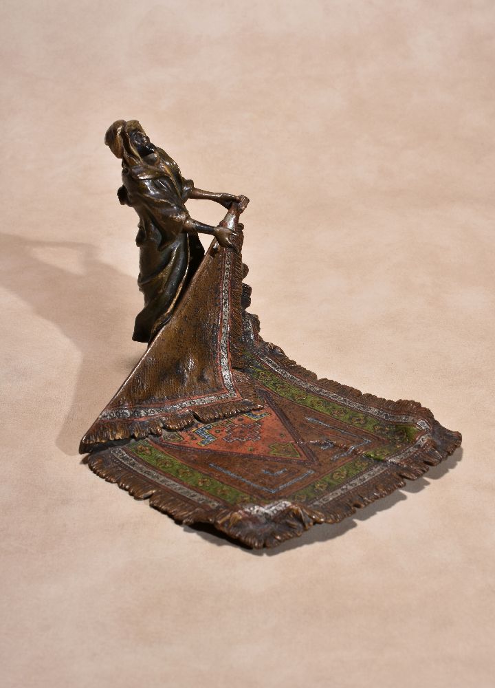 An Austrian cold painted bronze model of a Levantine carpet seller, circa 1900, by Bergman of - Image 3 of 5