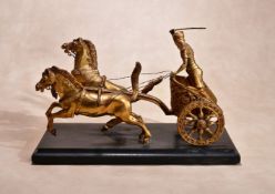 An Italian gilt bronze chariot group, late 19th century, the foliate cast two wheel chariot