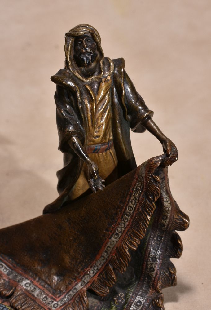 An Austrian cold painted bronze model of a Levantine carpet seller, circa 1900, by Bergman of - Image 4 of 5
