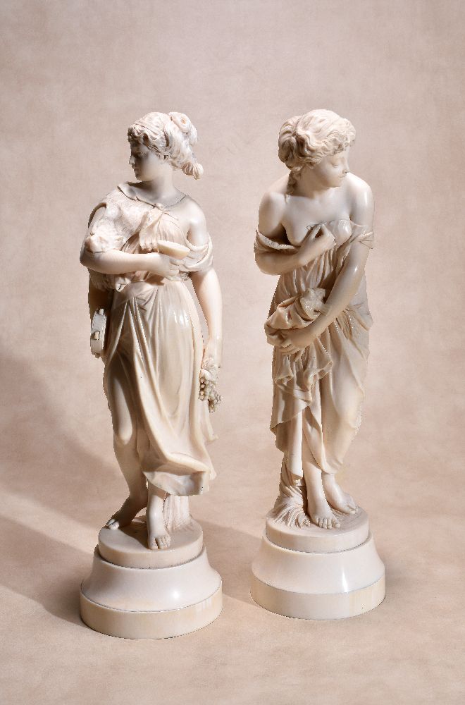 ϒ A pair of extremely fine sculpted ivory models of Bacchantes, probably Dieppe, circa 1880