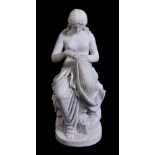 An Italian sculpted white marble model of a fisher maid, circa 1885, portrayed nude and seated on