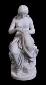 An Italian sculpted white marble model of a fisher maid, circa 1885, portrayed nude and seated on