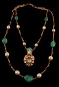 ϒ An Indian multi gem necklace (Mala), the two row fancy link necklace with tumbled emerald,