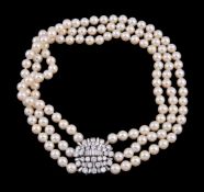 A 1950s diamond and cultured pearl necklace by Boucheron Paris, the three rows of uniform cultured