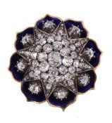 A Victorian diamond and enamel flower brooch, circa 1860, the gold backed silver central star pavé