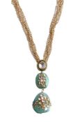 An Indian emerald and diamond pendant, the two tumbled emerald drops with kundan polki diamond