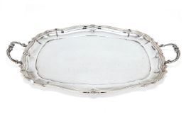 An Italian silver shaped rectangular twin handled tray, indistinct maker's marks, .800 standard,