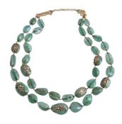 An Indian emerald bead and diamond two strand necklace (Kantha), the tumbled emerald beads with gold