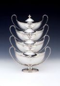 A set of four George III silver navette pedestal sauce tureens and covers by Henry Chawner, London